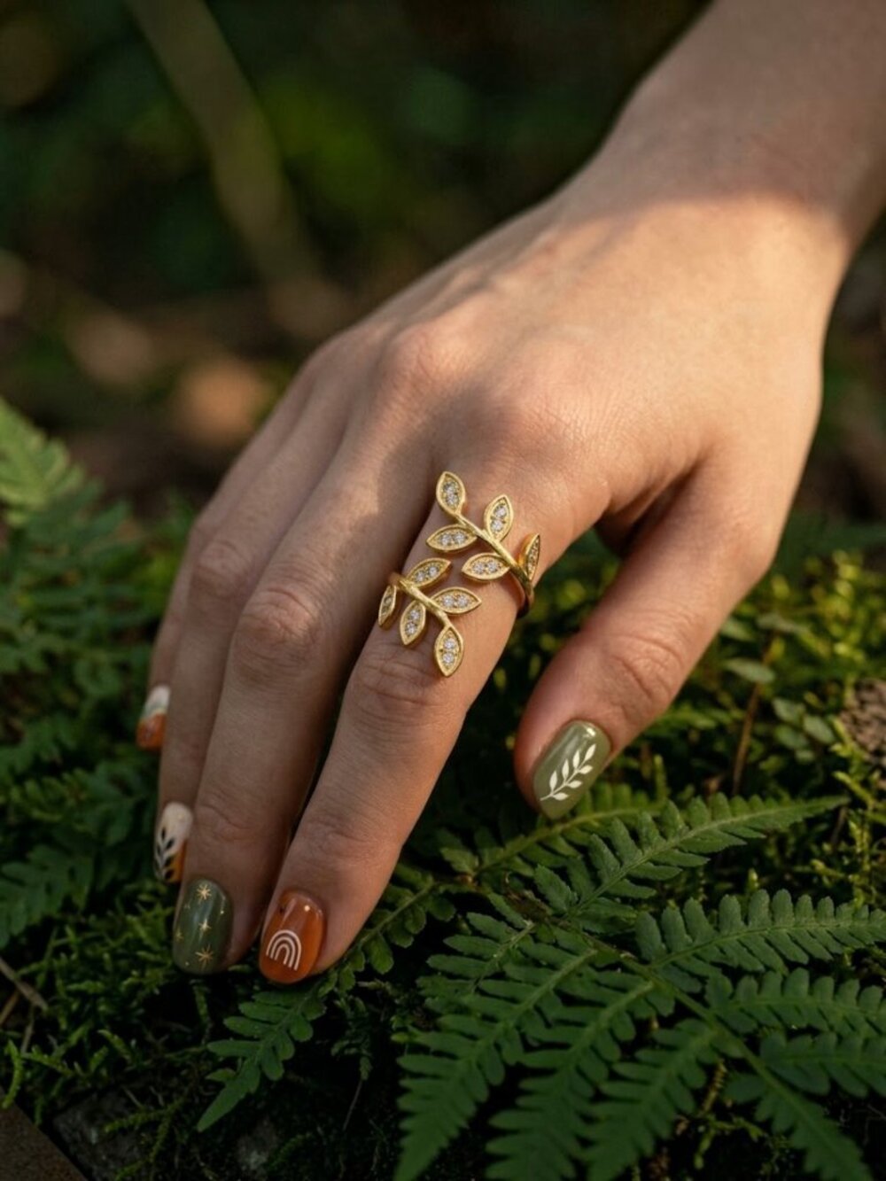 Cubic Zirconia Gold Leaf Vine Wrap Ring 18K Plated Adjustable Cottagecore 6-10